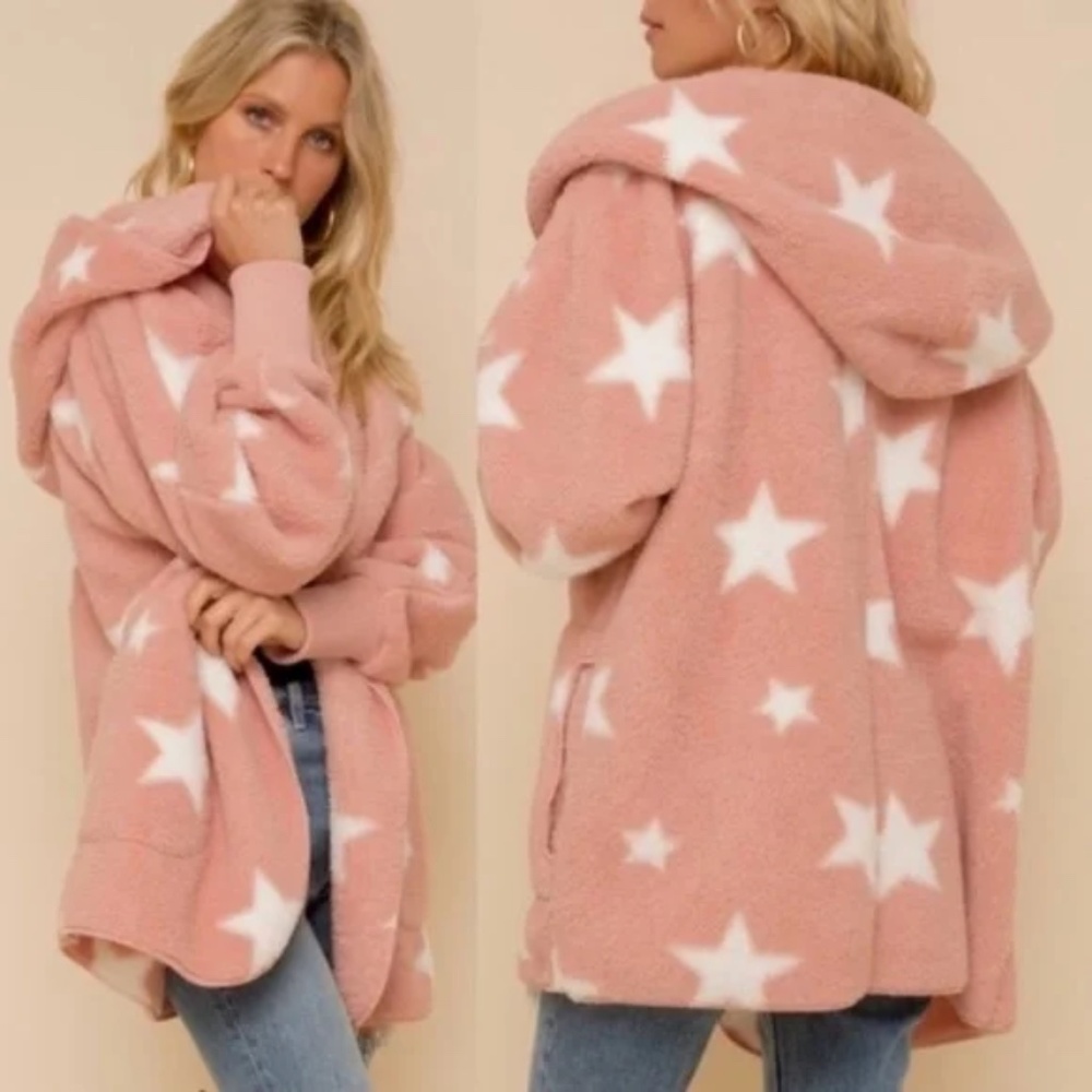 017 Cozy Star Print Teddy oversized hoodie Jacket - Picture 5 of 11